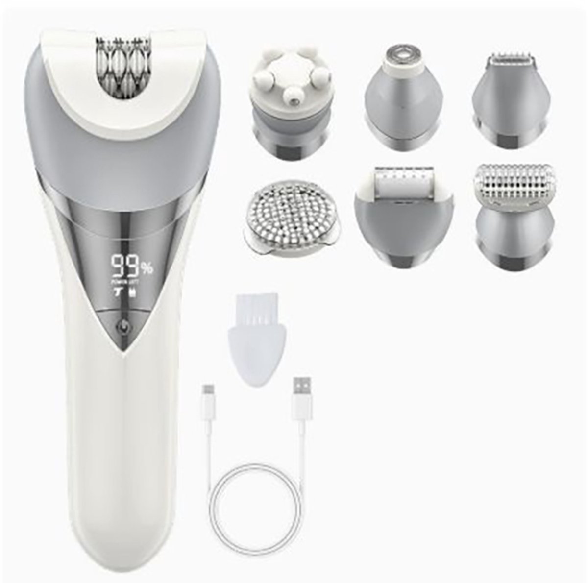 7‑in‑1 Epilator voor Vrouwen - Scheerapparaat, Bikinitrimmer, Gezichtsscheermes, Gezichtborstel, Gezichtmassage en Lichaamsexfoliator - Ipx6 Waterbestendig Pijnloos Dames Scheerapparaat - Nat en Droog Gebruik - Wit