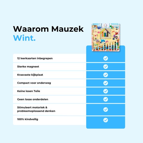 Magnetisch doolhof met zee thema, met houten stukjes en 12 leerkaarten. Inclusief checklist van voordelen.