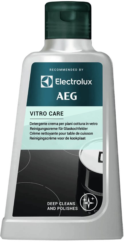 AEG Vitro Care reiniger in een fles met groene dop, op een witte achtergrond.