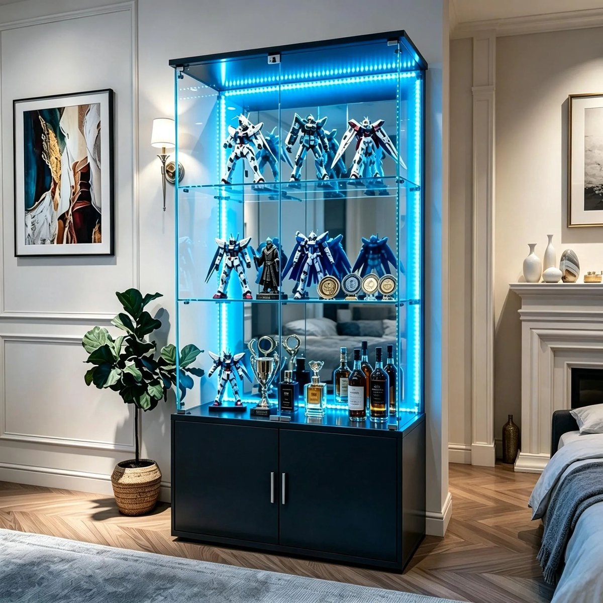 Glazen vitrinekast met LED-verlichting en kastje – 4 planken vitrinekast van gehard glas – grote display kast / wandvitrine voor verzamelobjecten, LEGO en decoratie – 164 × 78,5 × 35 cm – Zwart