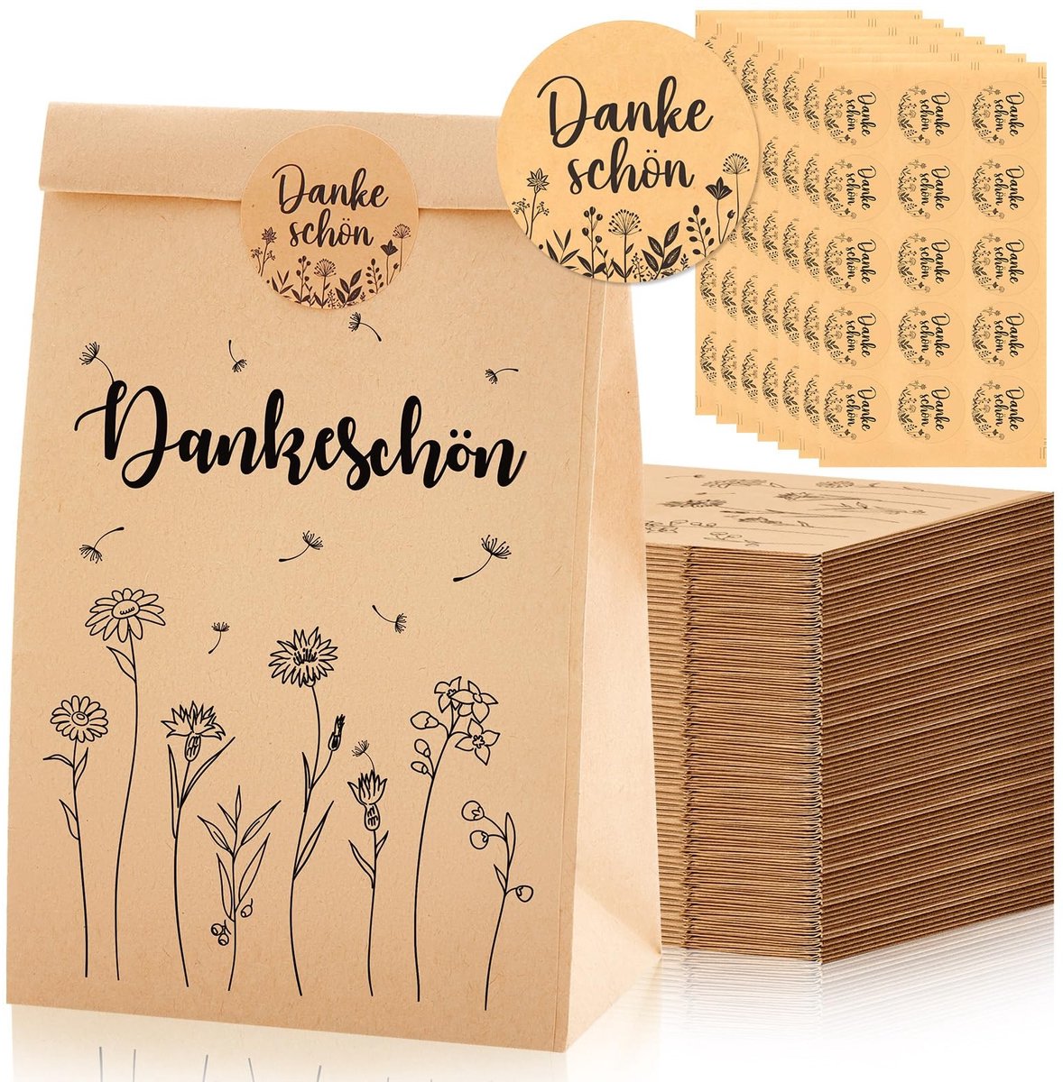 Solidchoice - Set van 50 Kraft Papieren Cadeauzakken met Stickers