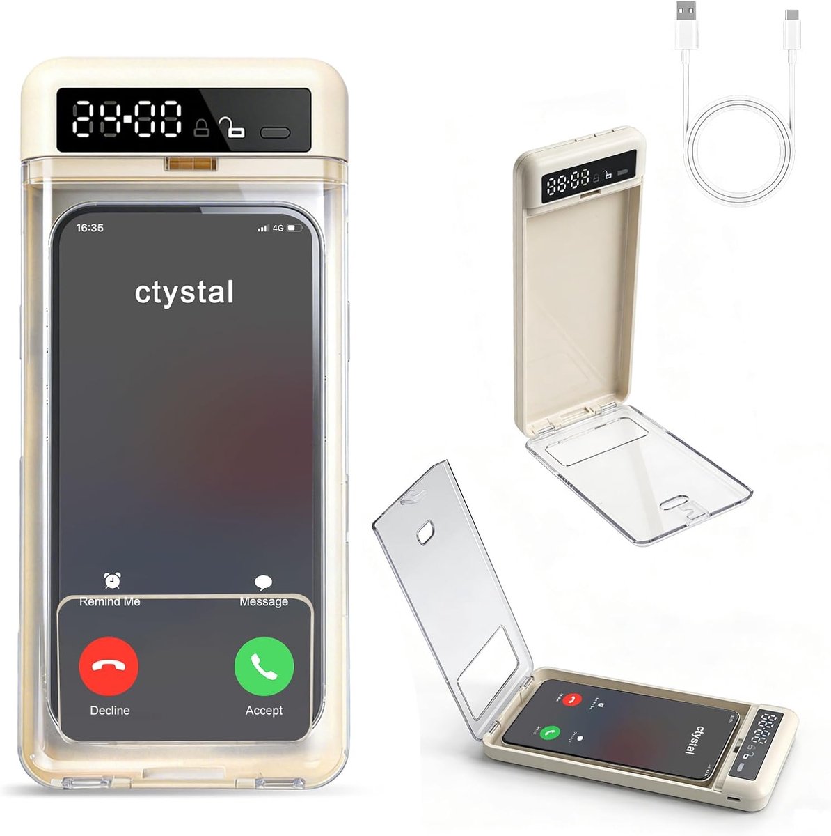 Telefoonhoesje met timer en slot | Telefoonbeveiliging (maximaal 17 cm), hoesje met timer (wit)