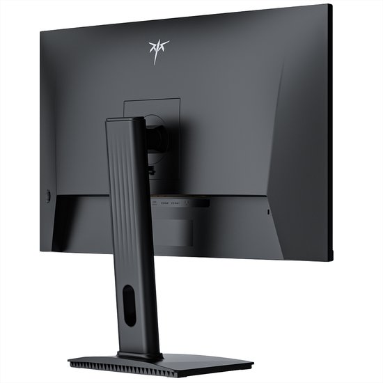 Zwarte monitor met logo, standaard en aansluitingen.