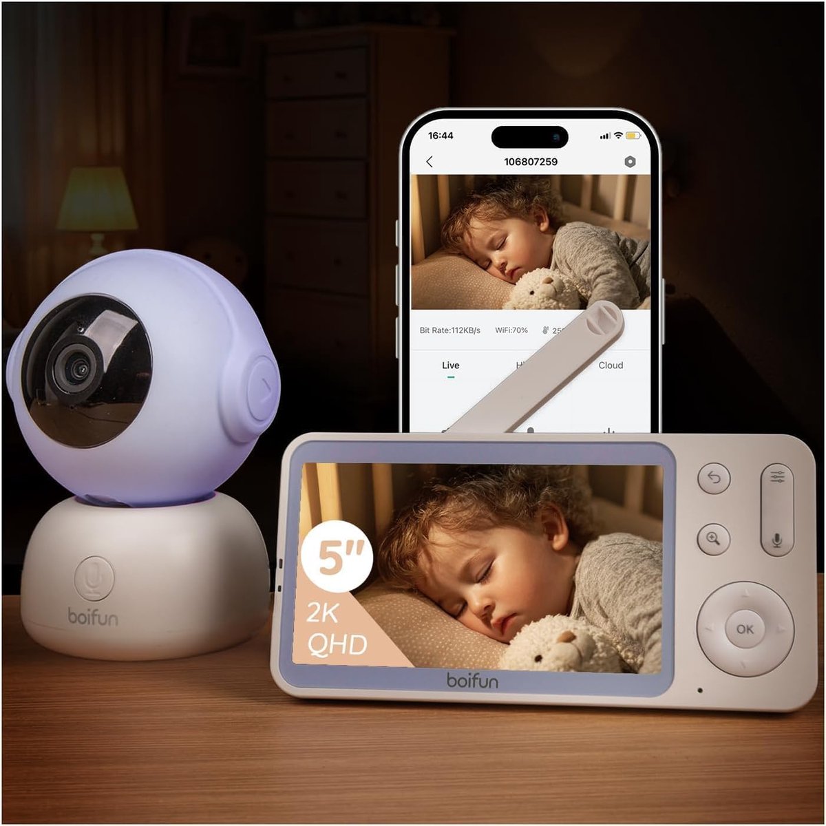 BOIFUN Babyfoon - Babyfoon met camera en app - 2K HD-Nachtzicht met 5-Inch Display - Temperatuurweergave - Premium HD Wifi Baby Monitor
