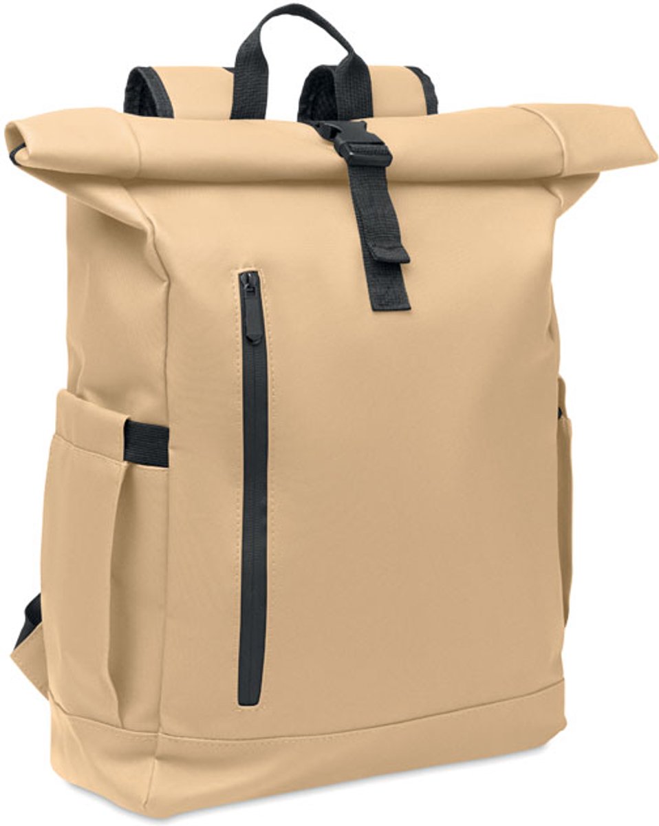 Rolltop 15 inch laptoprugzak van PU-gecoat 600D RPET polyester en RPET polyester voering Kleur Khaki