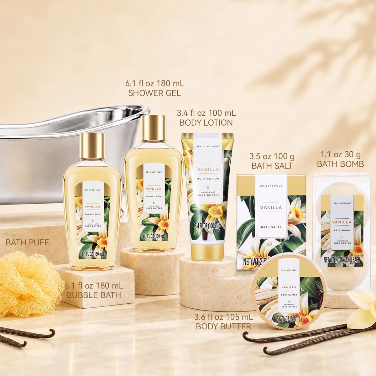 Spa Luxetique - Vanilla Gold - Geschenkset Vrouwen - Verwenpakket Dames - Cadeaupakket in zilveren badkuip - wellness bath - Verjaardag cadeau vrouw - Kado vrouwen, moeder, vriendin, zus, oma, mama - Giftset Cadeautje volwassenen — cadeau in Verzorging - foto 2