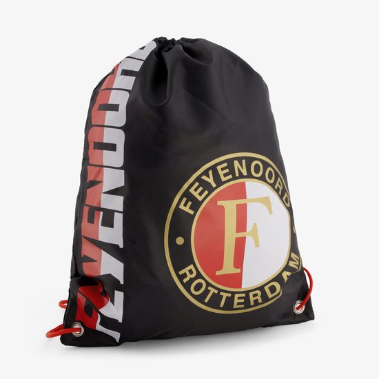 Zwarte sporttas met Feyenoord logo en 'FEYENOORD' in witte en rode letters.