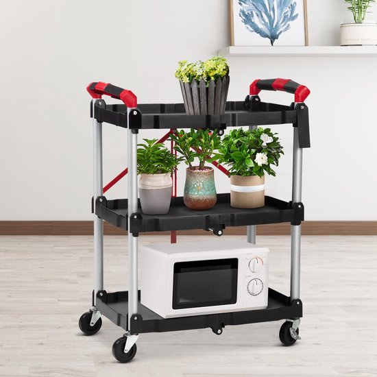 Vouwbare kar met 3 legplanken - Inklapbare dienwagen met zwenkwielen en rem voor garage, magazijn, kantoor en horeca - 66,5 x 38 x 86 cm — afbeelding 4