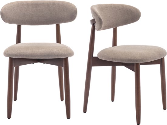Set van twee beige gestoffeerde stoelen met gebogen houten rugleuningen en houten poten.