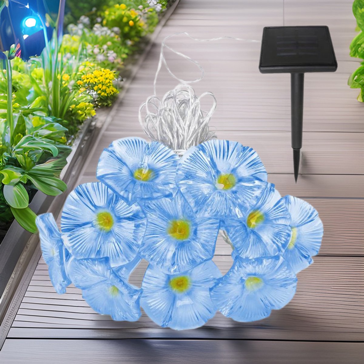 Ulisem - Zonnebloemlampjes - Buiten solar bloemlampjes met 10 realistische petunia bloemen - 10 meter lang snoer - Zonne-energie met 8-12 uur werking - IP65 waterdicht - Voor tuin, boom en schutting - Ook voor bruiloft en kerst - Warm wit