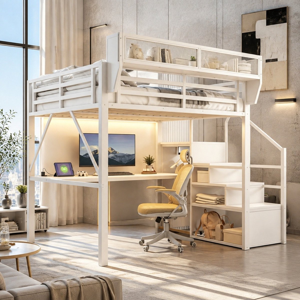 STILVORA Hoogslaper 140x200 cm – Hoogslaper met bureau, LED-verlichting en veiligheidsladder – Opbergruimte onder bed – Wit – Zonder matras