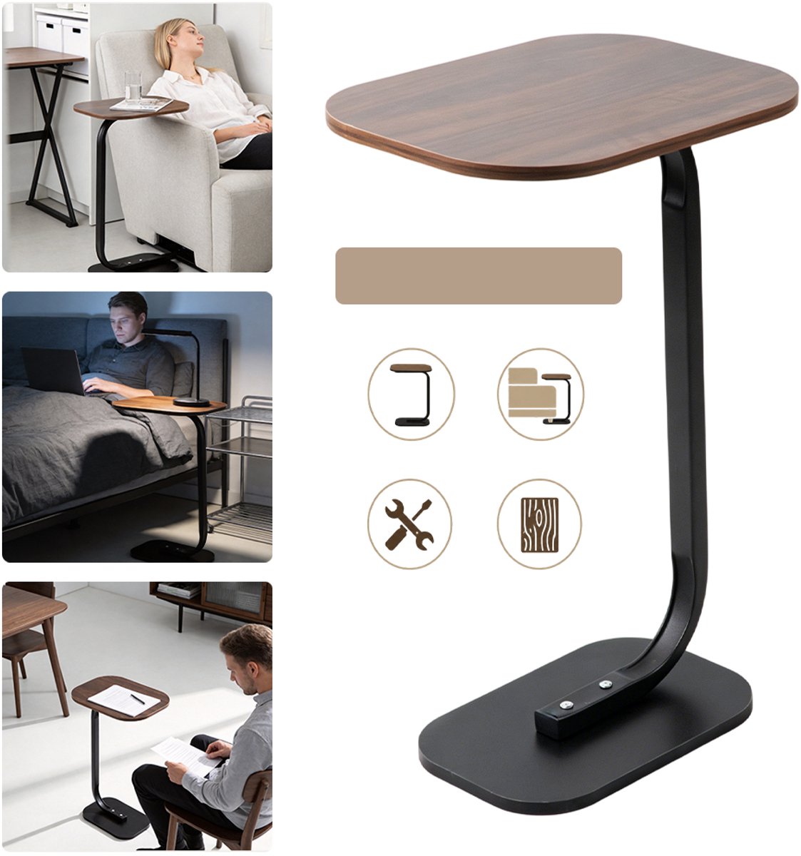 C-Vormige Bijzettafel Voor Woonkamer Slaapkamer En Studeerkamer – MDF Eenvoudig Te Monteren Ruimtebesparend Laptopbureau – Onmisbaar Voor Studentenkamers En Andere Ruimtes in De Woonkamer – Walnoot