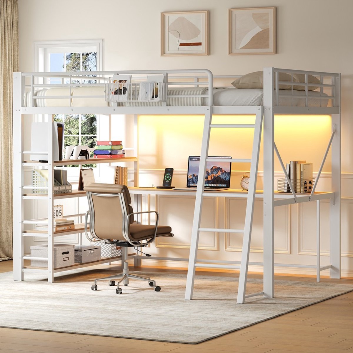 Pugsdrly Metalen hoogslaper (140 x 200 cm) met geïntegreerd bureau, opbergmand, opbergvakken, USB-oplaadstation en LED-verlichting, wit