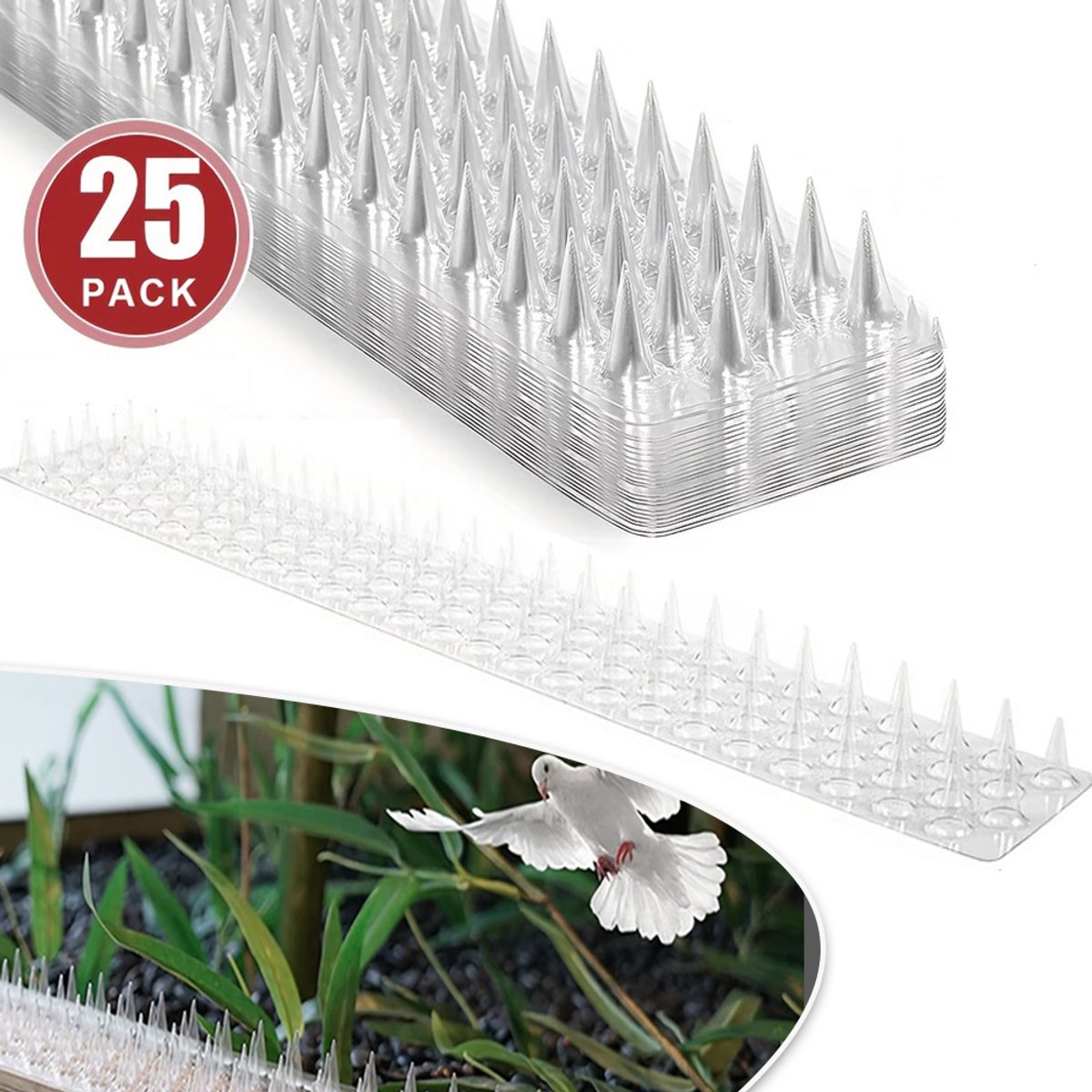 Verpakking Van 25 Transparante Vogelpinnen Met Tape - PVC Weerbestendig Op Maat Te Knippen 42x8,3 cm - Diervriendelijk Afschrikmiddel Voor Tuinen, Balkons En Schuttingen