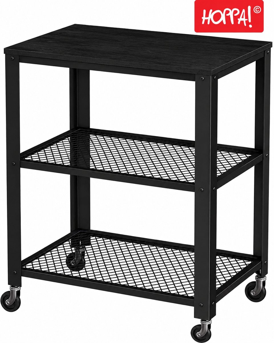 Hoppa! Serveerkar - Bijzettafel op wielen - Hout - Zwart- 60 x 40 x 77,5 cm (L x D x H)