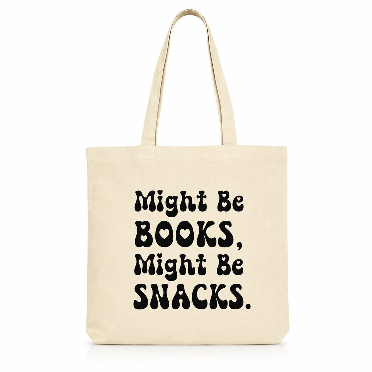 Book Lover Tote Bag – Might Be Books Might Be Snacks – Beige Shopper – Boekenliefhebber Cadeau – BookTok Tas – Lezen – Grappige Boekentas