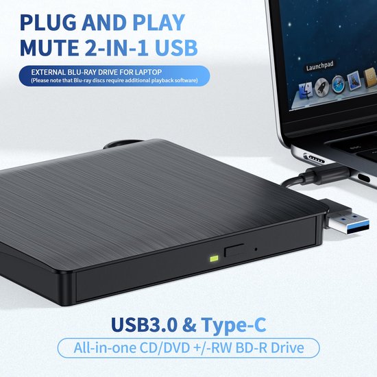 1 stuk - externe dvd brander - usb 3.0 draagbare cd/dvd rw drive - optische schijflezer - geborsteld oppervlak - dubbele kabel - laptops, desktop computers, windows & mac systemen - zwart — afbeelding 4