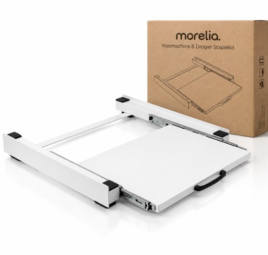 Witte Morelia stapelkit voor wasmachine en droger met uitschuifbaar werkblad.