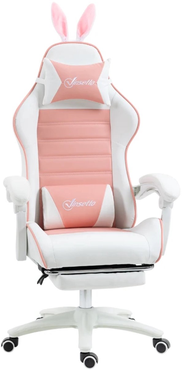 Ergonomische Gamingstoel met Lendensteun, Voetensteun, Oortjes, Hoofdsteun - 135° Verstelbare Rugleuning - 360° Draaibaar - In Hoogte Verstelbaar - Relaxfauteuil - Bureaustoel - TV Stoel - Roze