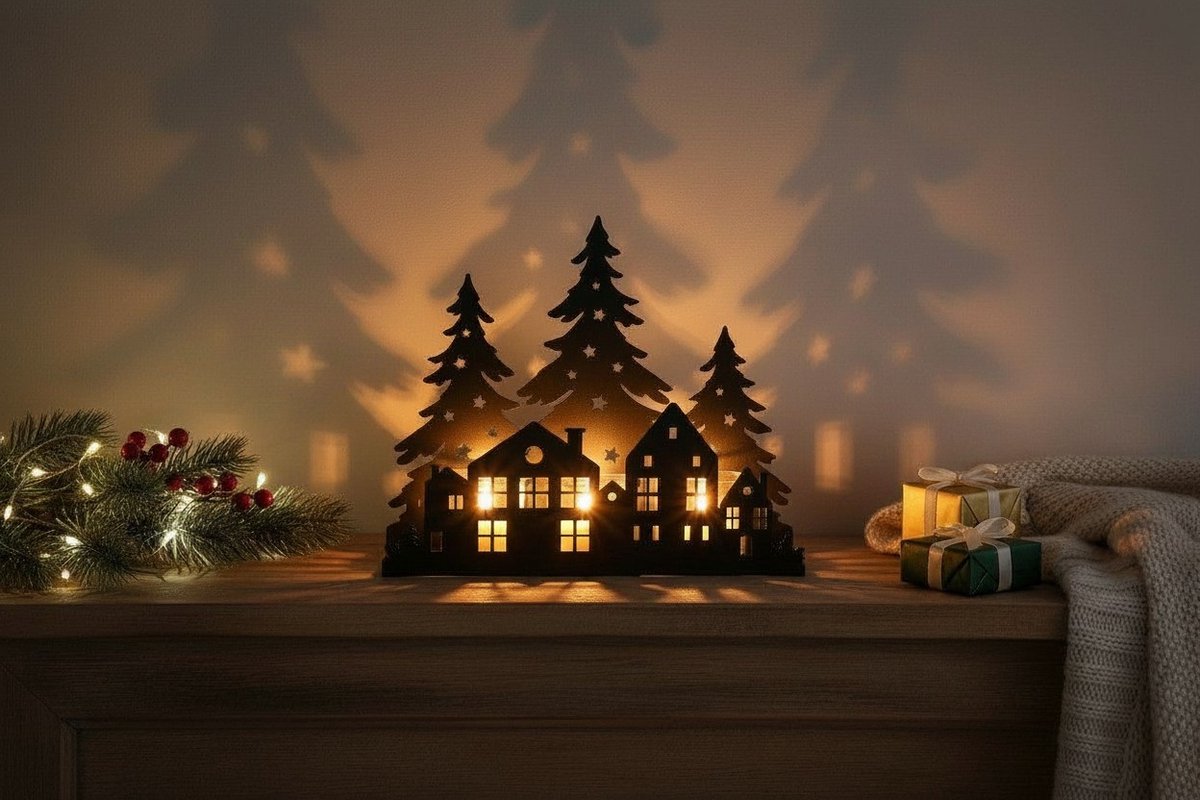 Boltze - Waxinehouder - Kaarsenhouder - Kerst – Zwart - Metaal - Kerstbomen & huisjes - 30x8,5x25 cm – foto 4