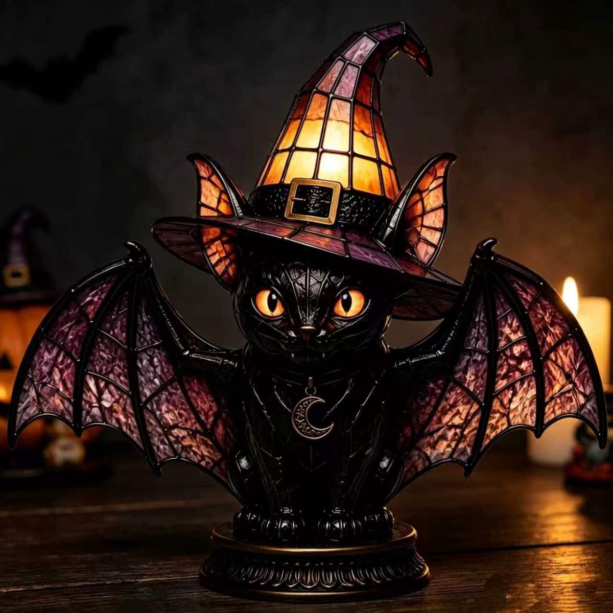 Casalora® Halloween Heksenhoed Lamp – Gotische Hars Decoratie met LED Licht – Magische Nachtlamp voor Tafel, Woonkamer & Feestdecoratie – Paarse Hoed - Vleermuiskat
