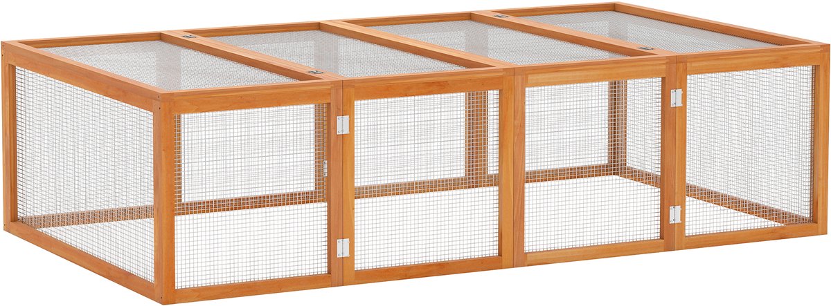 Rechthoekige konijnenkooi met vrijloopruimte — buitenomheining van hout en metaalgaas - 6 voet - open bovenkant -speelruimte voor buiten - natuurlijke houten afwerking