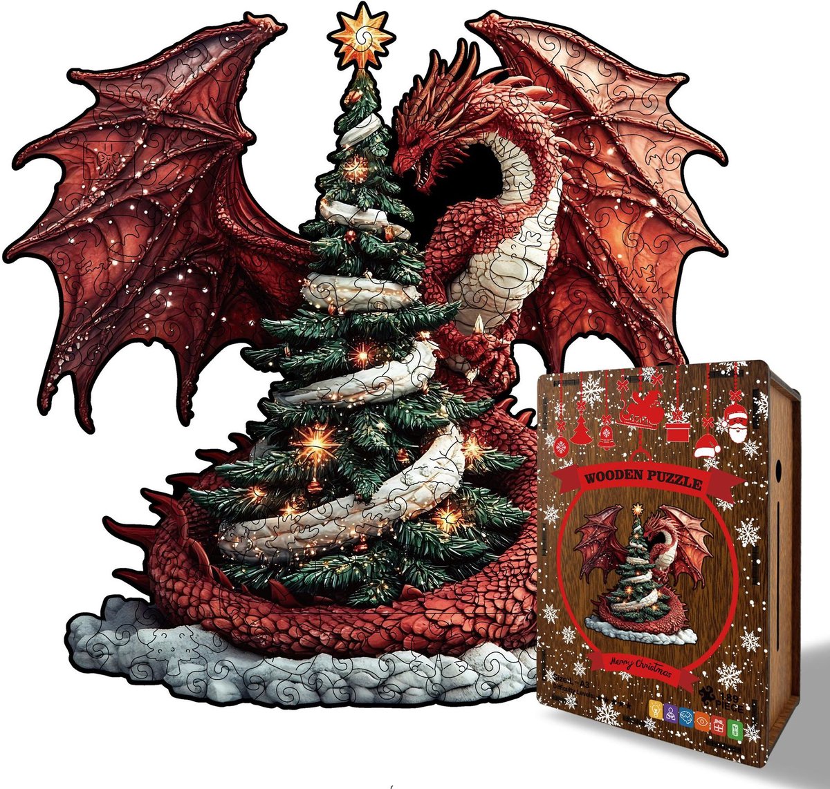 Casalora Houten Puzzel Kerstdraak 189 Stukjes – Unieke Vorm – Dieren Legpuzzel Volwassenen – L