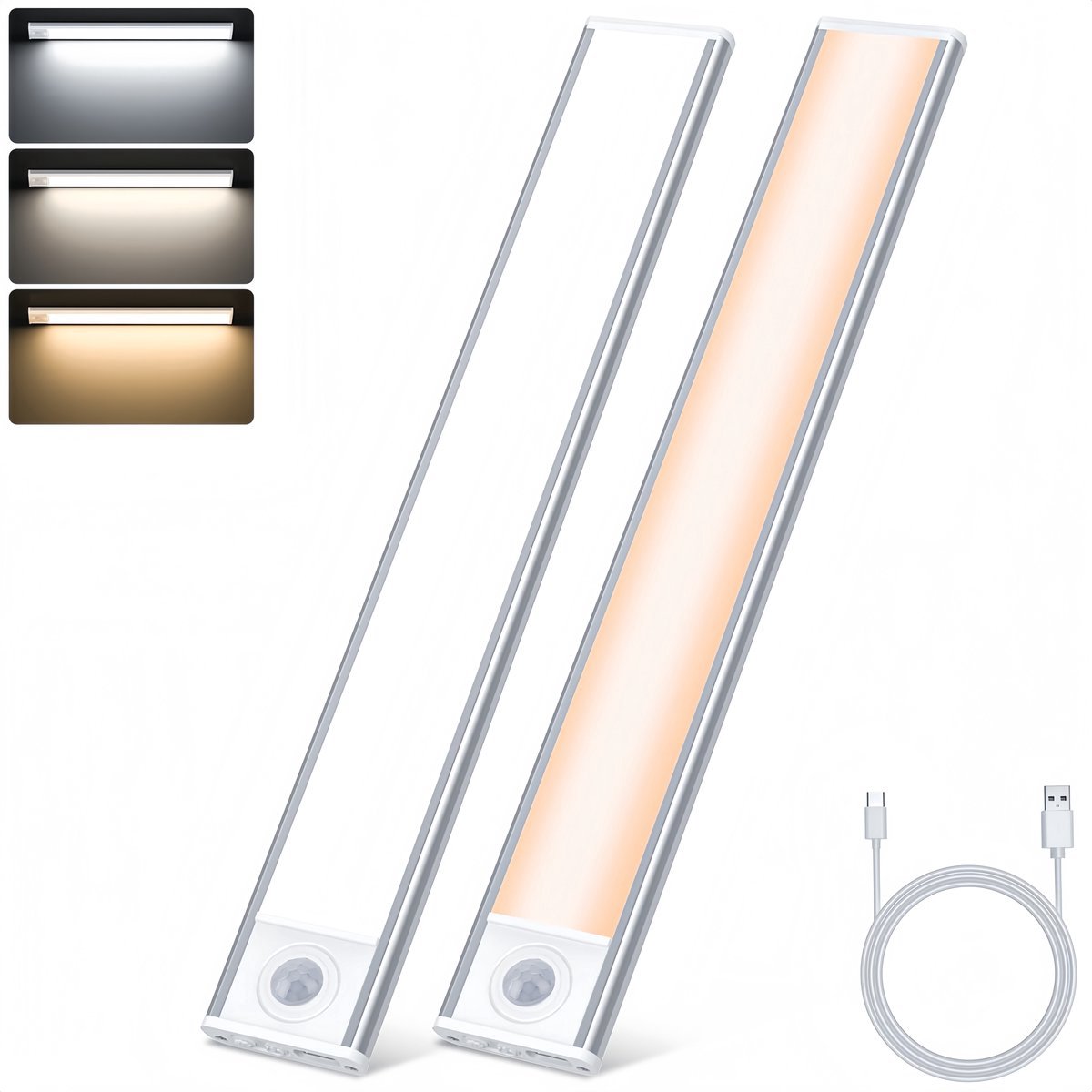 Casalora LED Bastverlichting met Bewegingssensor 30 cm - LED Verlichting- USB-C Oplaadbaar - Dimbaar - 3 Kleurtemperaturen - 2 Stuks -Wit