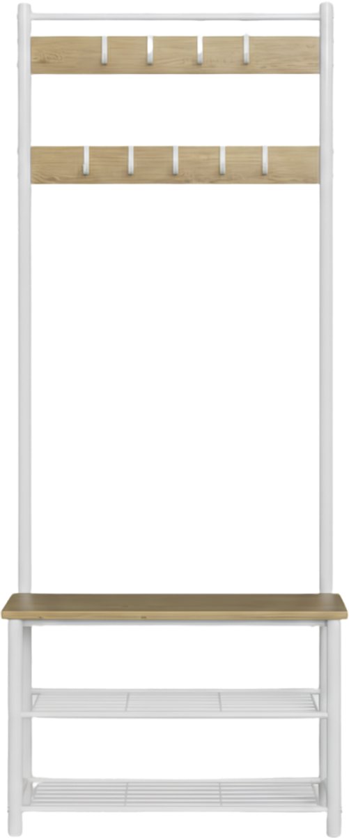 Lìon® Kapstok Met Schoenenrek - Kapstok Met Bankje - Halmeubel Met kapstok - Wit - 70cm x 33cm x 175cm