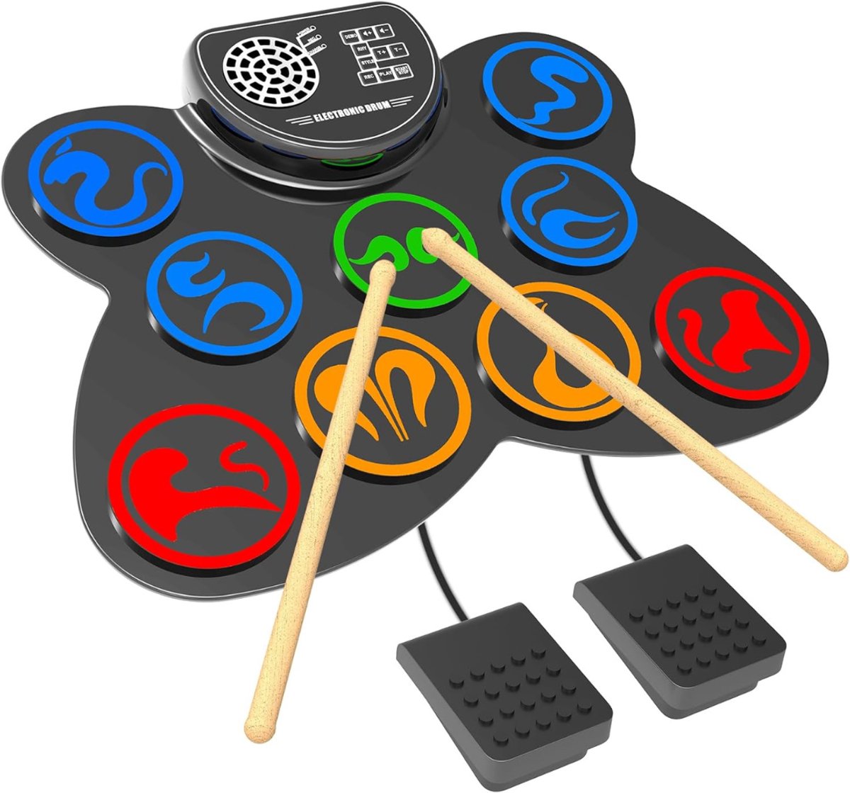 QUOVO® Elektrisch Drumstel met Drumstokken - Drumstel voor Kinderen of Volwassenen - Drumstel Elektronisch – Met 9 Digitale Drumpad - Met 2 Pedalen - Met Geïntegreerde Luidsprekers – Zwart - 40cm x 31cm x 3cm