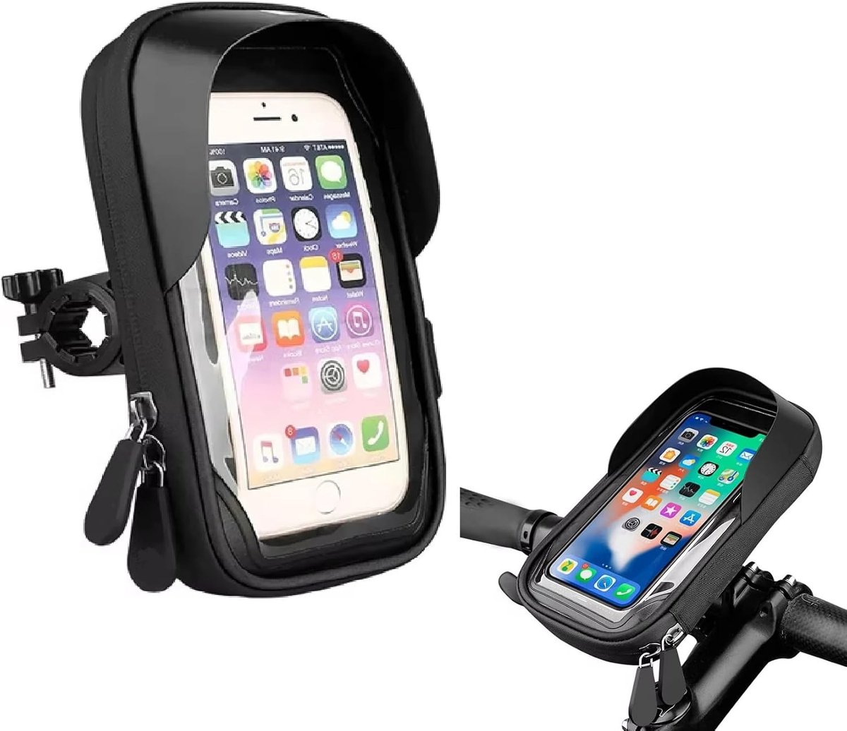 Waterdichte frametas / Telefoontas voor de fiets – 360° draaibaar touchscreen, stuurtas met ritssluiting, zonneklep en regenhoes (voor fietsen, motorfietsen en scooters)