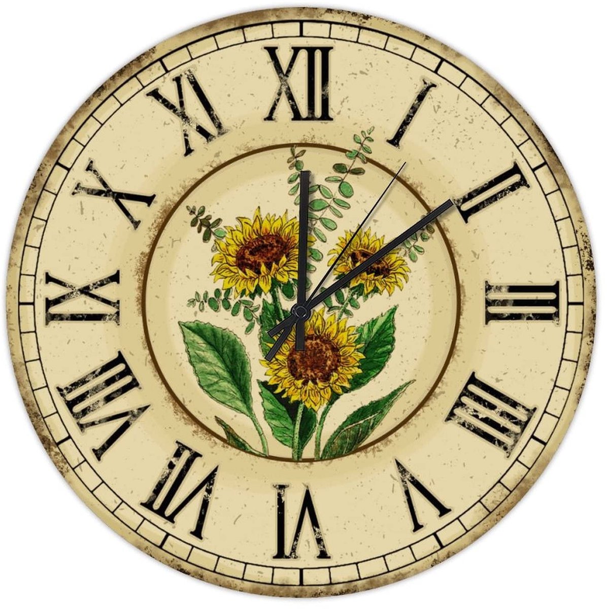 Solidchoice - Vintage Bloem Zonnebloem Wandklok - Houten Ronde Klok 30x30 cm