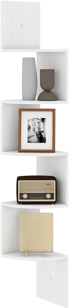 Houten 5-tier Hoek Plank Muur Mount Zig Zag - Drijvende Display Rack -Boekenkast - Ophangen CD Opslag - wit - 20L x 20l x 126H cm