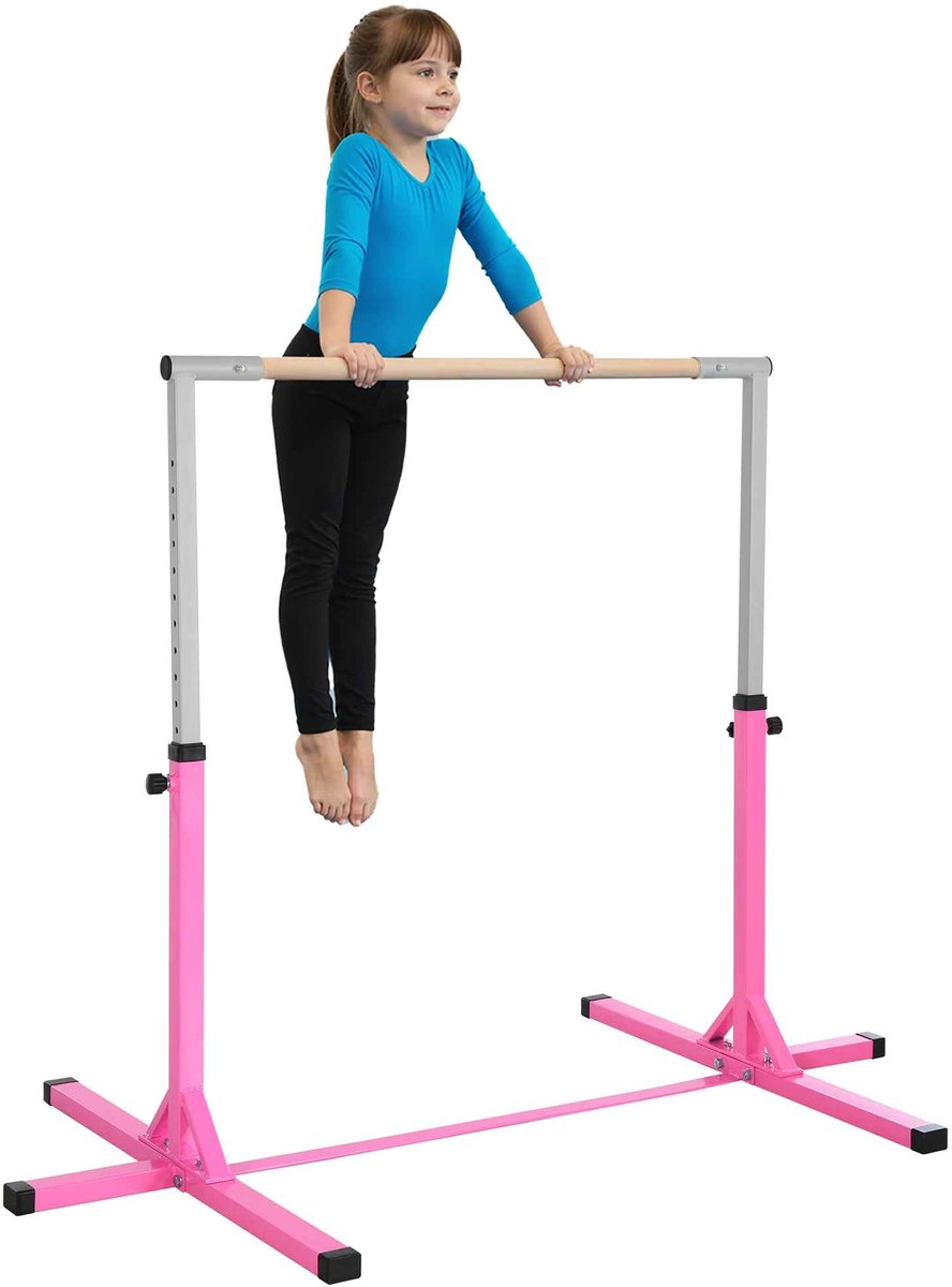 Casa Living Kinder Gymnastiekstang - Roze - Verstelbare Hoogte - Stalen Frame - Beukenhouten Gymstang - Voor Kinderen - Thuis