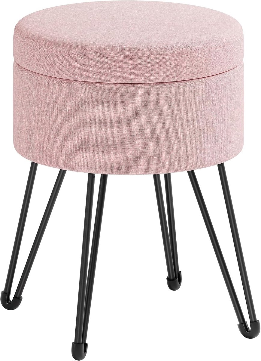 SONGMICS Zitkruk, ronde kruk met opbergruimte, opbergdoos met deksel, make-upkruk, 39 x 44,1 cm (Ø x h), metalen poten, gevoerde zitting, woonkamer, slaapkamer, pastelroze LOM002R01