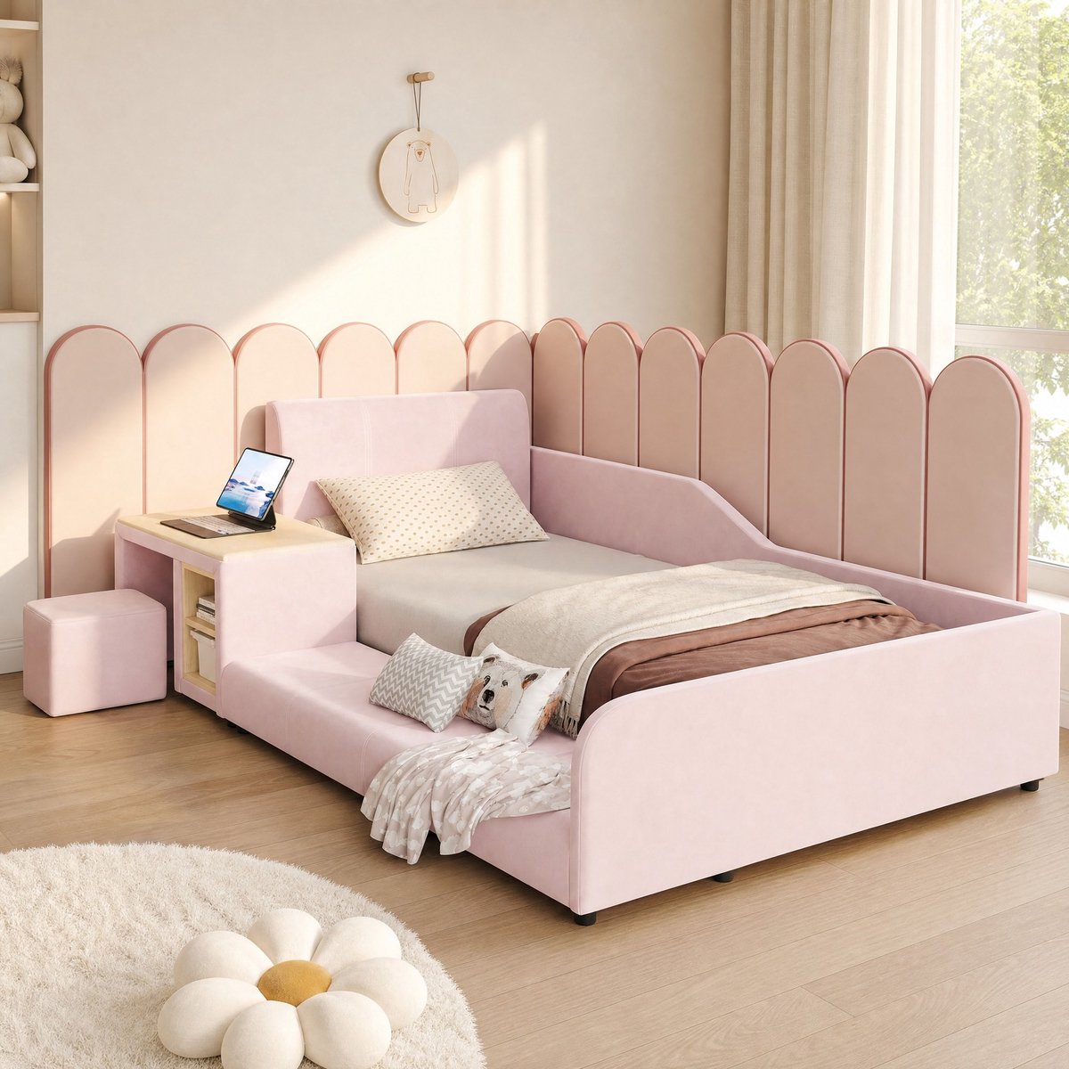 DESMIU Bed 90x200cm - Kinderbed Met Bureau En Kruk - Hoofdbord En Extra Opbergplank - Voor Kinderkamer - Zacht Stof - Roze - Zonder Matras