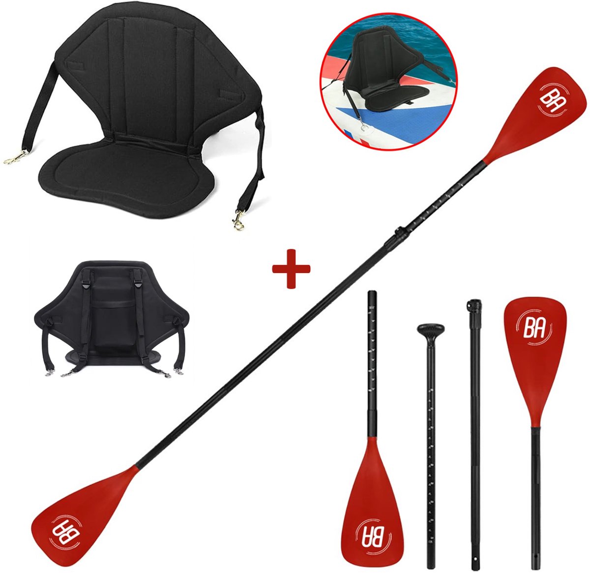 Best Active SUP Zitje + Dubbele SUP Peddel Set - Kajak Stoel met Rugleuning & 4-Delige Kajakpeddel - Verstelbaar 155-220 cm - SUP Board - SUP Accessoires - Zwart/Rood
