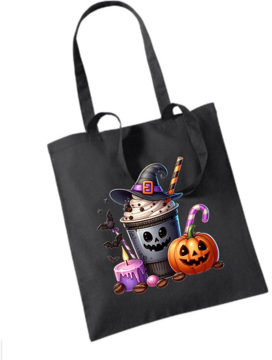 Zwart Halloween snoeptas-Koffie pompoen kaars Halloween snoep tas-Trick or treat- Halloween optocht snoep- Sint Maarten. snoep tas Halloween