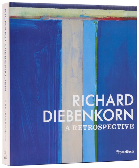 Livre d'art abstrait de Richard Diebenkorn, avec des bandes verticales bleues, blanches et grises et une ligne verte.