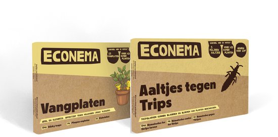 Twee Econema verpakkingen: gele vangplaten en aaltjes tegen trips.