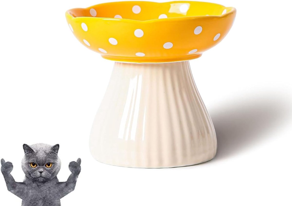 Kattenvoerbakje - Verhoogde Kattenvoerbak - Keramische Kattenvoerbak - Keramische Verhoogde Voerbak Kat - Anti Slip - Ideaal voor Kittens en Senioren - Voor voer en water - Geel - 14.5×13 cm