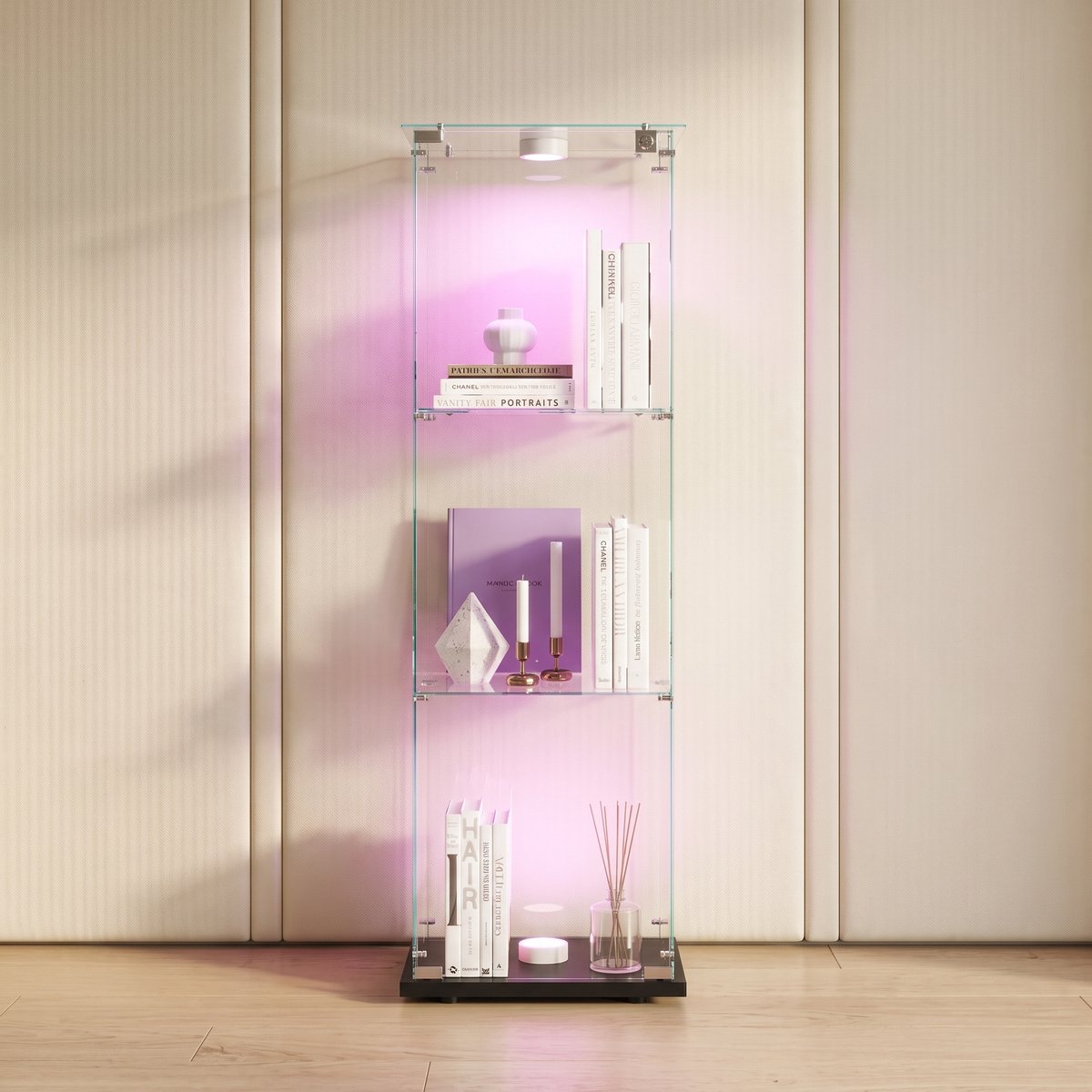 Glazen Vitrinekast, Verticale Kast met 3 Niveaus voor Verzamelobjecten, Boeken en Wijn; Geschikt voor Kantoor, Woonkamer of Keuken; 123,5 x 39,8 x 35 cm; met Verlichting (Zwart)