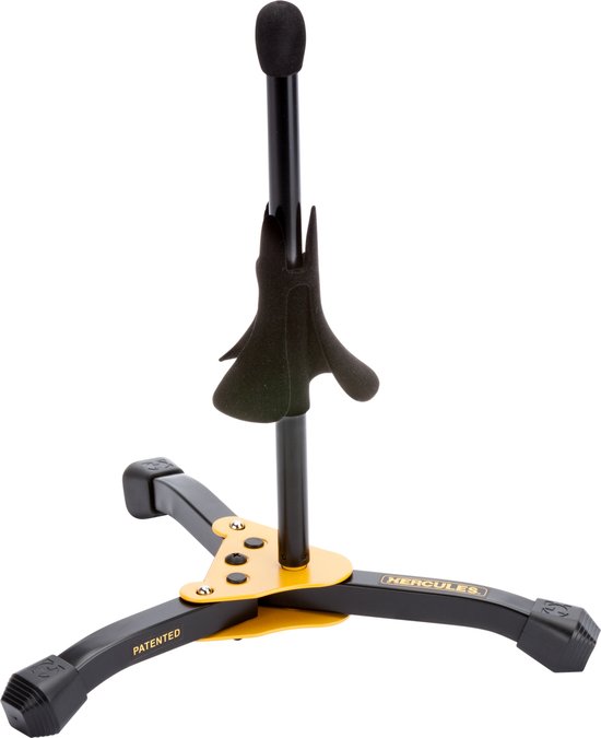 Zwarte Hercules Stands trompetstandaard met gele details en het Hercules logo.