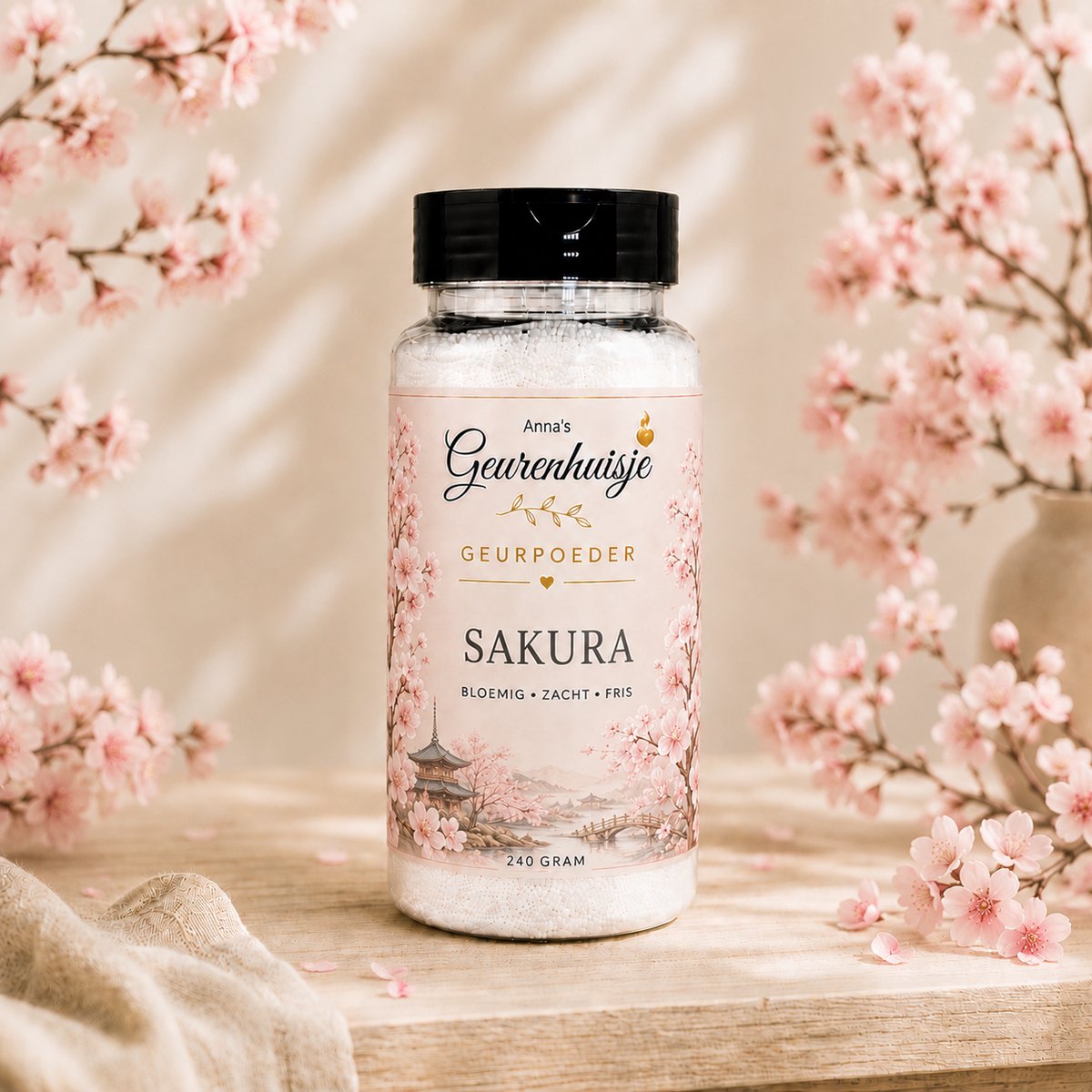 Geurpoeder Sakura - Good Habits - Handmade - Voor Tapijt, Bank, Auto, Camper, Caravan & Stofzuiger - 240 gram - dierproefvrij - verfrissend - langdurige geurafgifte