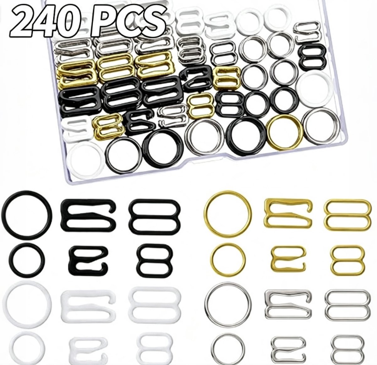 Set van 240 stuks – Verstelbare clips voor bh-bandjes – Lingerie-accessoires voor dames – Vervangende sluitingen voor bh-bandjes – Antislipsluitingen – Verbinders voor bandjes – Veelkleurige set - Zwart + Wit + Zilver + Goud