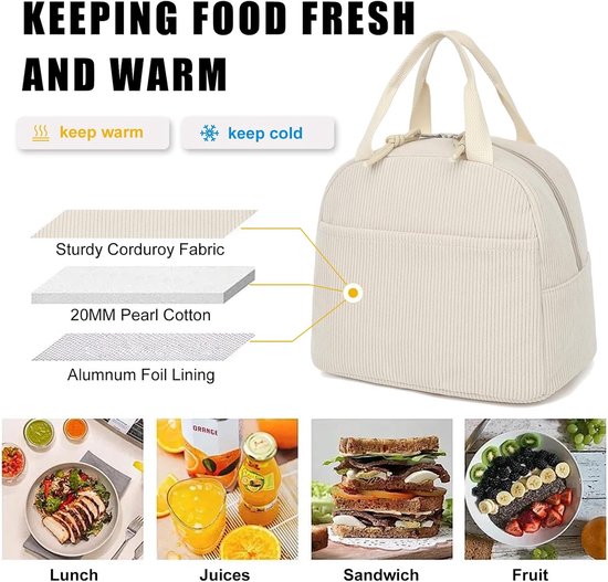 Lunchtas - Broodtrommeltas - Koeltas - Draagtas - Isolerend - Lichtgewicht - Corduroy - 23,5×14×20 Cm - Geschikt voor school, werk, picknick, reizen, daguitjes, voor het bewaren van maaltijden en drankjes - Beige — afbeelding 5