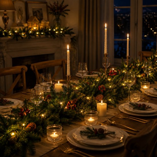 Verlichte kerstguirlande met dennenappels en bessen versiert een gedekte tafel met kaarsen en kristallen glazen.