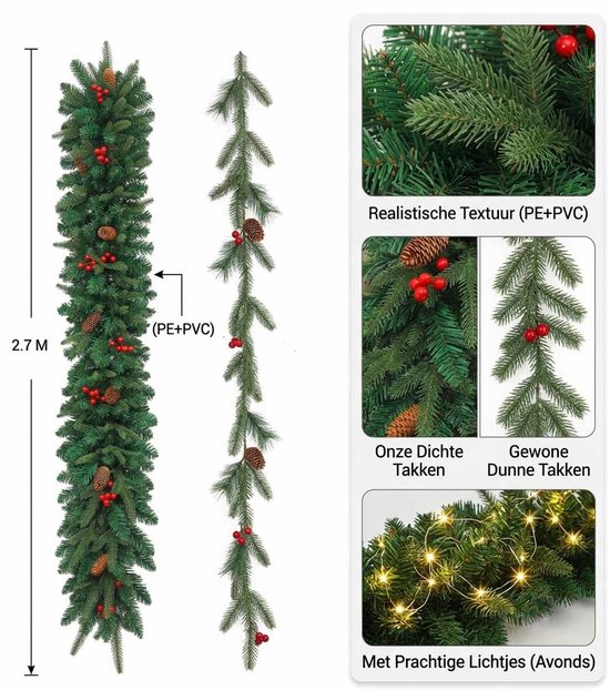 Twee stuks kerstguirlande van 2.7M, met realistische takken (PE+PVC), dennenappels, bessen en optionele lichtjes.