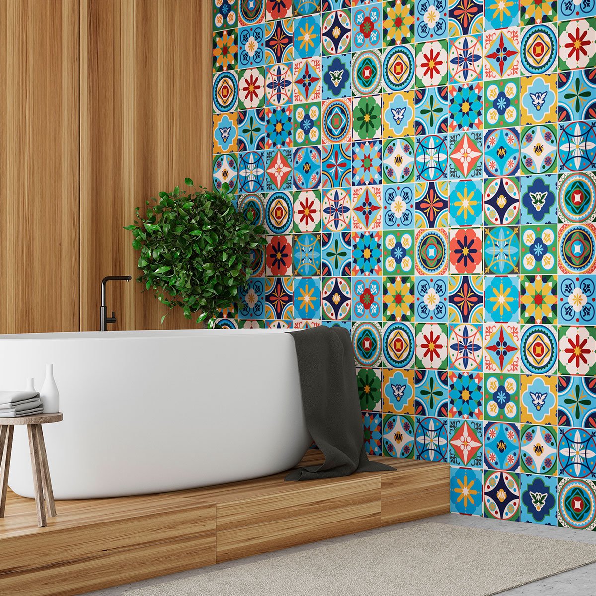 Ambiance Sticker Zelfklevende muurstickers in tegelpatroon voor keuken en badkamer - 60 cementtegelstickers, Azulejos Vulmina-stijl - 60 stickers, 20x20 cm Multi color