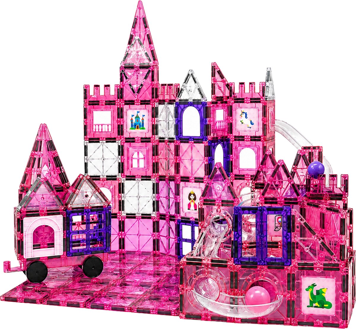By Baboo® Magnetic Tiles 150 Stuks + Knikkerbaan + Bouwclub toegang - Roze Prinsessen Fantasie Magnetische Tegels Blokken Speelgoed Cadeau Meisjes Constructie - Montessori Educatief Kinderspeelgoed 3 Jaar, 4 jaar, 5 jaar, 6 jaar, 7 jaar, 8 jaar
